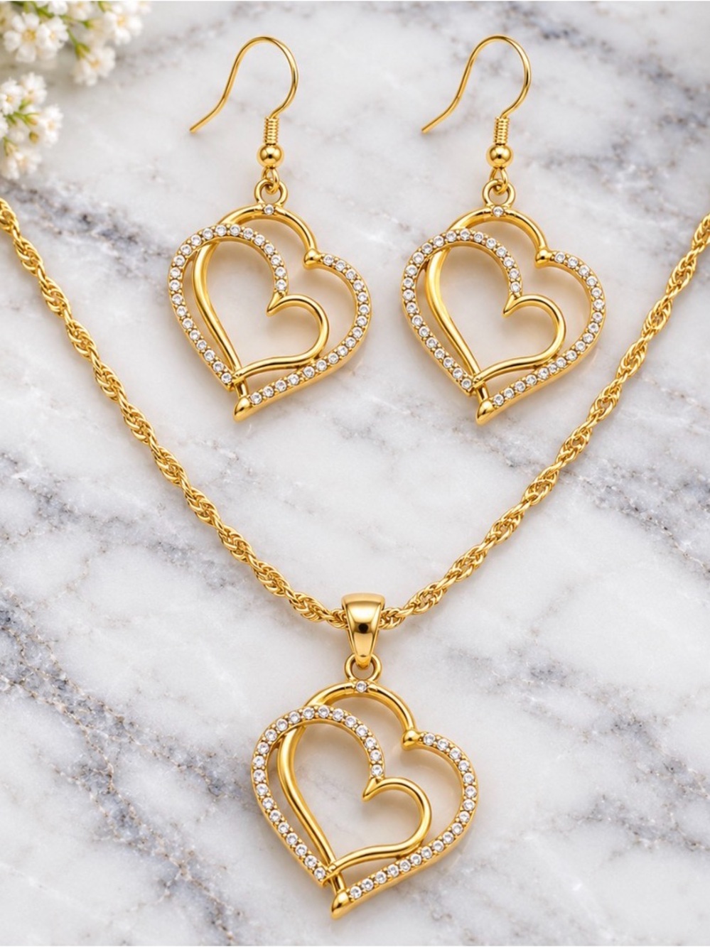 Heart Crystal Gold Tone Necklace & Earrings Jewelry Set